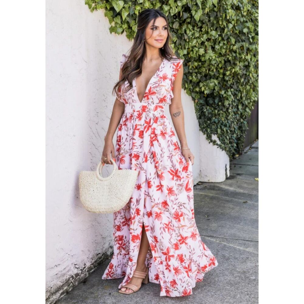 Pink Lily Pink and Red Floral Maxi Dress, Women's Size S